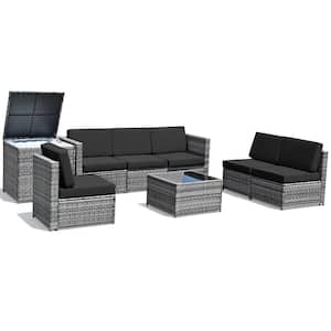 8-Pieces Patio Rattan Sofa Sectional Conversation Furniture Set with Black Cushion