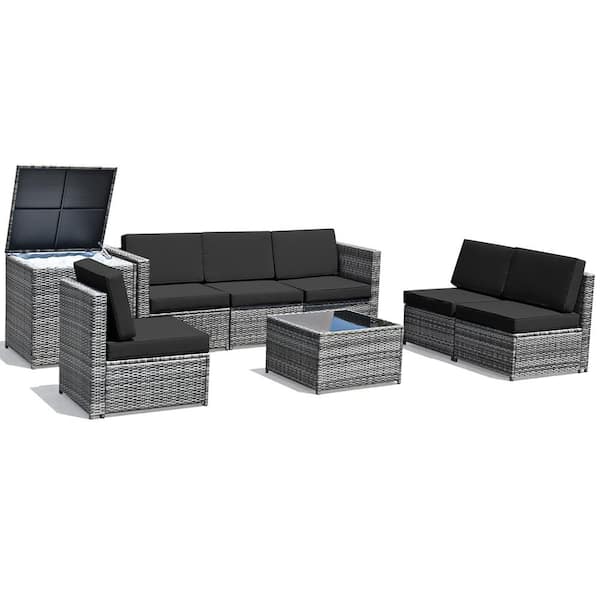 Gymax 8-Pieces Patio Rattan Sofa Sectional Conversation Furniture Set with Black Cushion