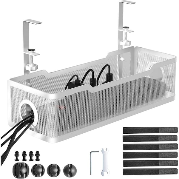 13.4 in. Under Desk Cable Management Box White Powder-Coated Metal No Drill with Clamp & Anti-Scratch Mats Wire Tray