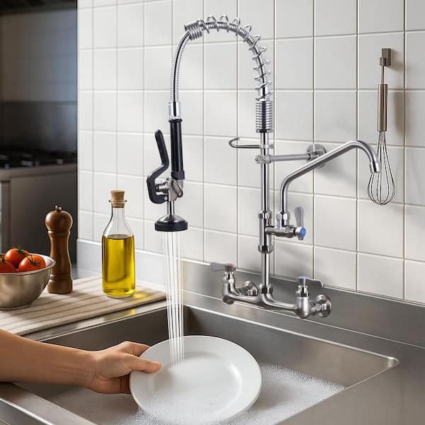 Wall Mount Triple Handle Pull Down Sprayer Kitchen Faucet with Pre-Rinse Sprayer with Advanced Spray in Brushed Nickel