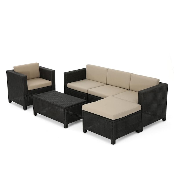 Noble House 6-Piece Faux Rattan Patio Sectional Seating Set with Beige Cushions