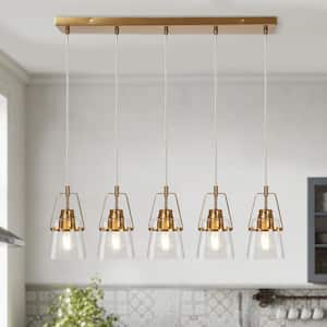 Mid-Century Modern 29.7 in. 5-Light Chandelier Plated Brass Ceiling Light with Bell Clear Glass Shade