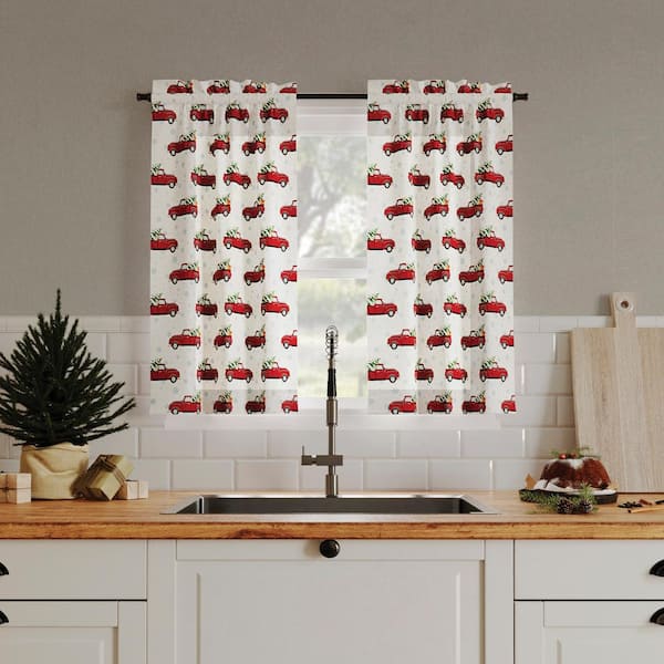 Sun Zero Christmas Truck Red Polyester 54 in. W x 36 in. L Rod Pocket Light Filtering Kitchen Curtain Tier Pair (Set of 2)