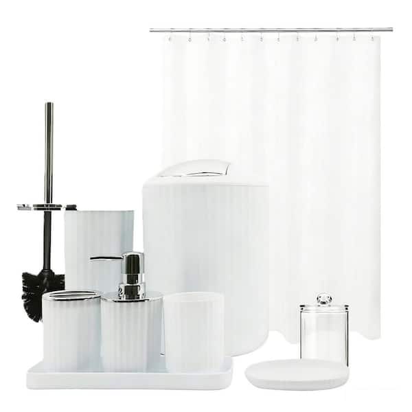9-Piece White Bath Accessory Set with Trash Can, Vanity Tray, Soap Dispenser, Soap Dish, Toothbrush Holder, Toilet Brush