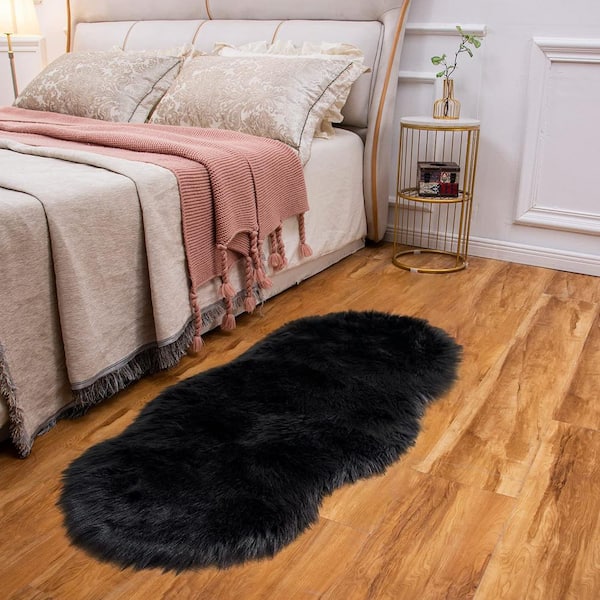 Black 2 ft. x 4 ft. Sheepskin Faux Fur Furry Cozy Area Rug