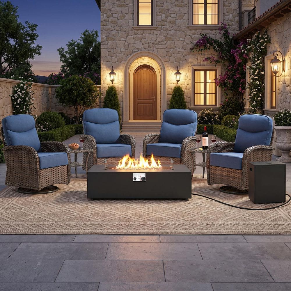 Goyal Brown 7-Piece Wicker Patio Fire Pit Conversation Set Outdoor Swivel Glider Chairs with 6 in. Thick Blue Cushions price history on PriceWatchPro
