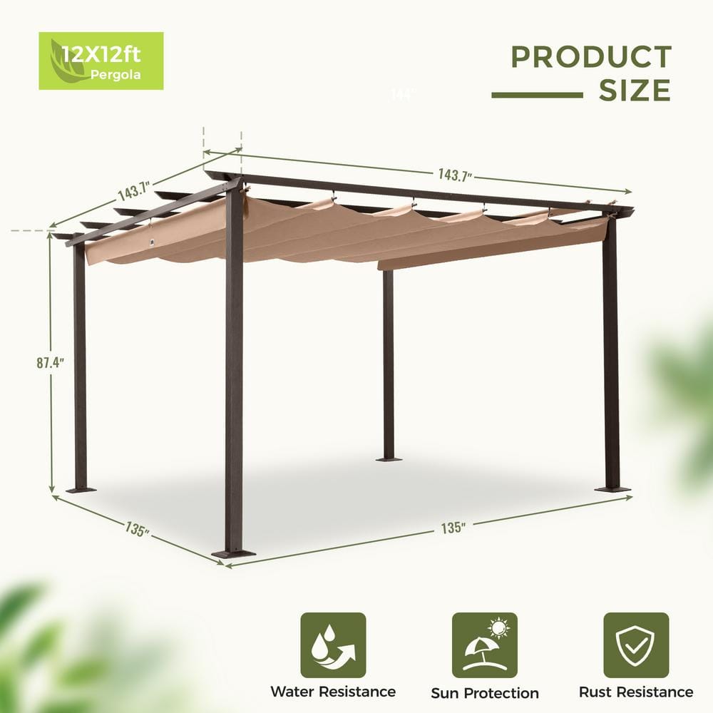 12 ft. x 12 ft. Aluminum Pergola with Brown Retractable Canopy