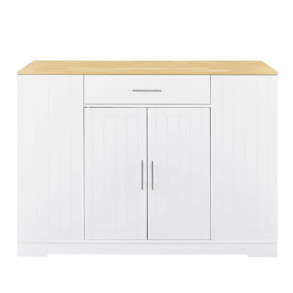 White Wood 53.2 in. W Large Kitchen Island with 13 gal. Trash Can Cabinet, 