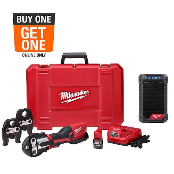 Milwaukee M12 12-Volt Lithium-Ion Force Logic 3/4 in. - 1 in. Copper Press Tool Kit with 3 Jaws Included and M12 BT Radio/Charger
