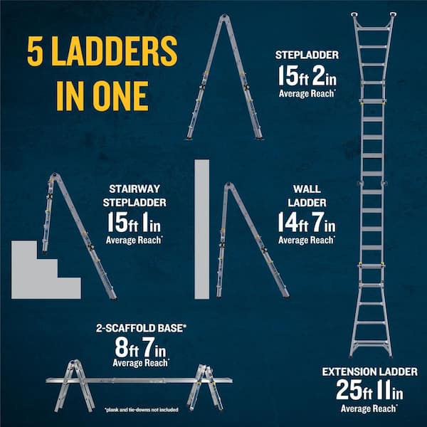 5 in 1 Multi Position Pro 26 ft. Reach Aluminum Adjustable Multi Position Ladder, 375 lb. Load Capacity Type IAA Duty
