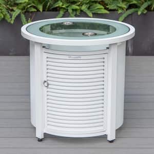 Walbrooke White Modern Round Tank Holder Table with Tempered Glass Top and Powder Coated Aluminum Slats Design
