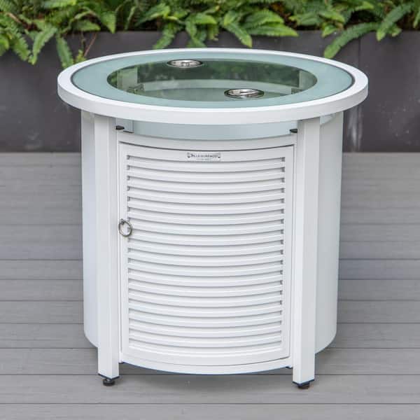 Leisuremod Walbrooke White Modern Round Tank Holder Table with Tempered Glass Top and Powder Coated Aluminum Slats Design
