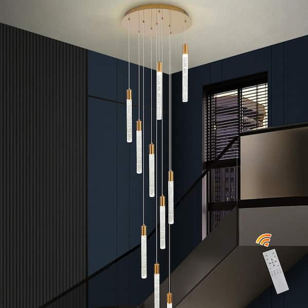 10 Light Gold Modern Dimmable Long Cluster Integrated LED Pendant Light with Remote Included for Staircase Living Room