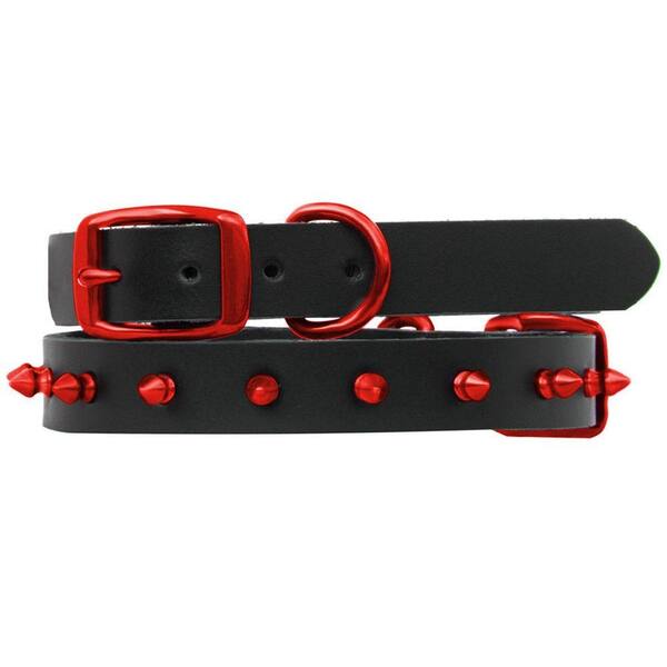 Platinum Pets 14.25 in. Black Genuine Leather Dog Collar in Red Spikes