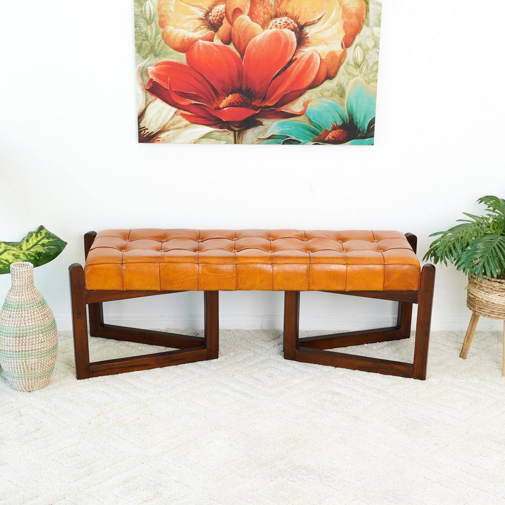 Tan Leather and Teak Wood Mid-Century Modern Bench