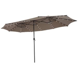 15 ft. Twin Patio Double-Sided Steel Market 48 Solar LED Lights Crank Patio Umbrella in Coffee