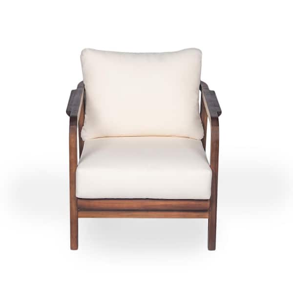 Unbranded Walnut Solid Wood Frame Outdoor Lounge Chair with Beige Comfortable Cushions & Curved Armrests, for Patio and Garden