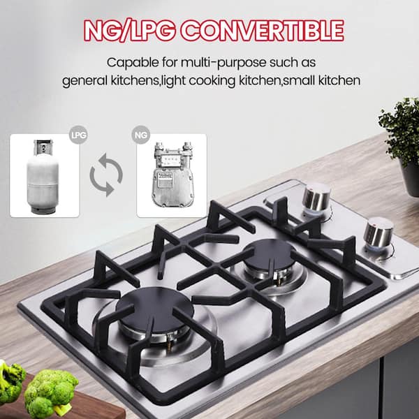 LD 12 in. 2 Burners Recessed Gas Cooktop in Stainless Steel with Continuous Grates