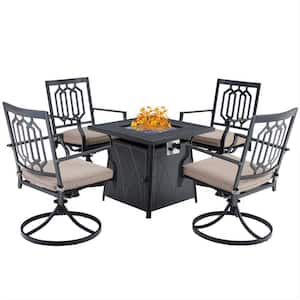 Black 5-Piece Metal Patio Fire Pit Set with Fashion Swivel Chairs with Beige Cushions