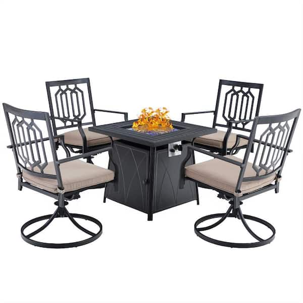 PHI VILLA Black 5-Piece Metal Patio Fire Pit Set with Swivel Chairs with Beige Cushions