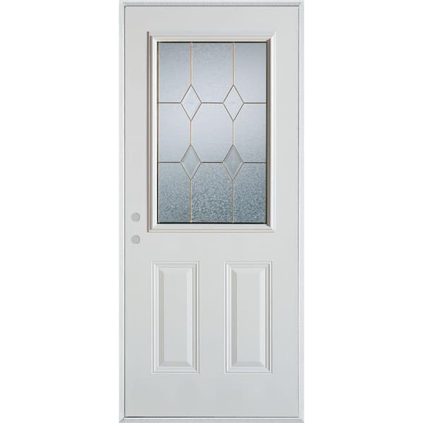 Stanley Doors 32 in. x 80 in. Geometric Brass 1/2 Lite 2-Panel Painted White Right-Hand Inswing Steel Prehung Front Door