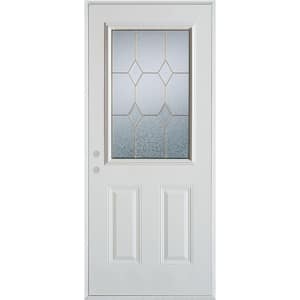 36 in. x 80 in. Geometric Brass 1/2 Lite 2-Panel Painted White Right-Hand Inswing Steel Prehung Front Door
