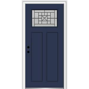 36 in. x 80 in. Courtyard Right-Hand 1-Lite Decorative Craftsman 2-Panel Painted Fiberglass Smooth Prehung Front Door