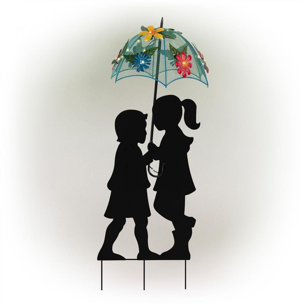 39 in. Tall Outdoor Solar Powered LED Lights Girl and Boy Silhouette with U