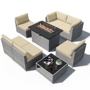 8-Piece Outdoor Wicker Patio Furniture Set with Fire Table and Coffee Table, Beige