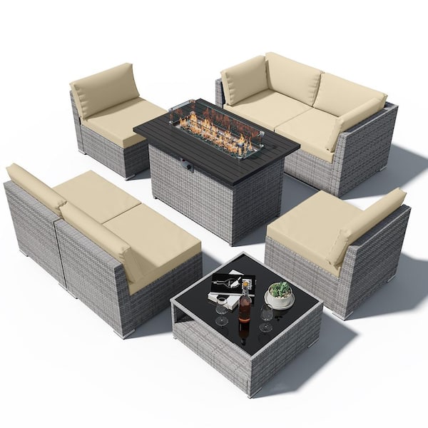 EAGLE PEAK 8-Piece Outdoor Wicker Patio Furniture Set with Fire Table and Coffee Table, Beige