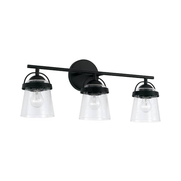HOMEPLACE LIGHTING 23 in. W x 9.5 in. H 3-Light Vanity Light in Matte Black with Clear Seeded Glass