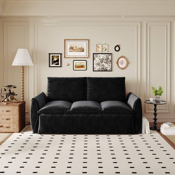 anpport Modern 70.9 in. W Black Velvet Twin Size Convertible Sofa Bed with Foldable Pillow, 3-Seat Multi-Functional Sofa