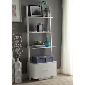 69 in. White Wood 4-shelf Ladder Bookcase with Open Back