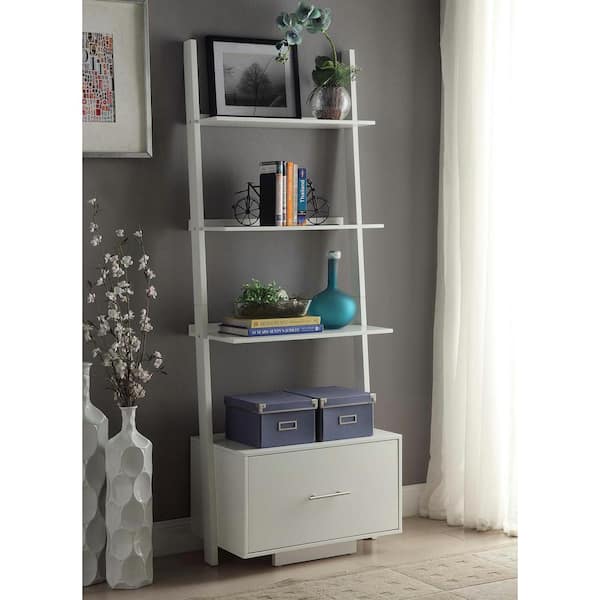 Convenience Concepts 69 in. White Wood 4-shelf Ladder Bookcase with Open Back