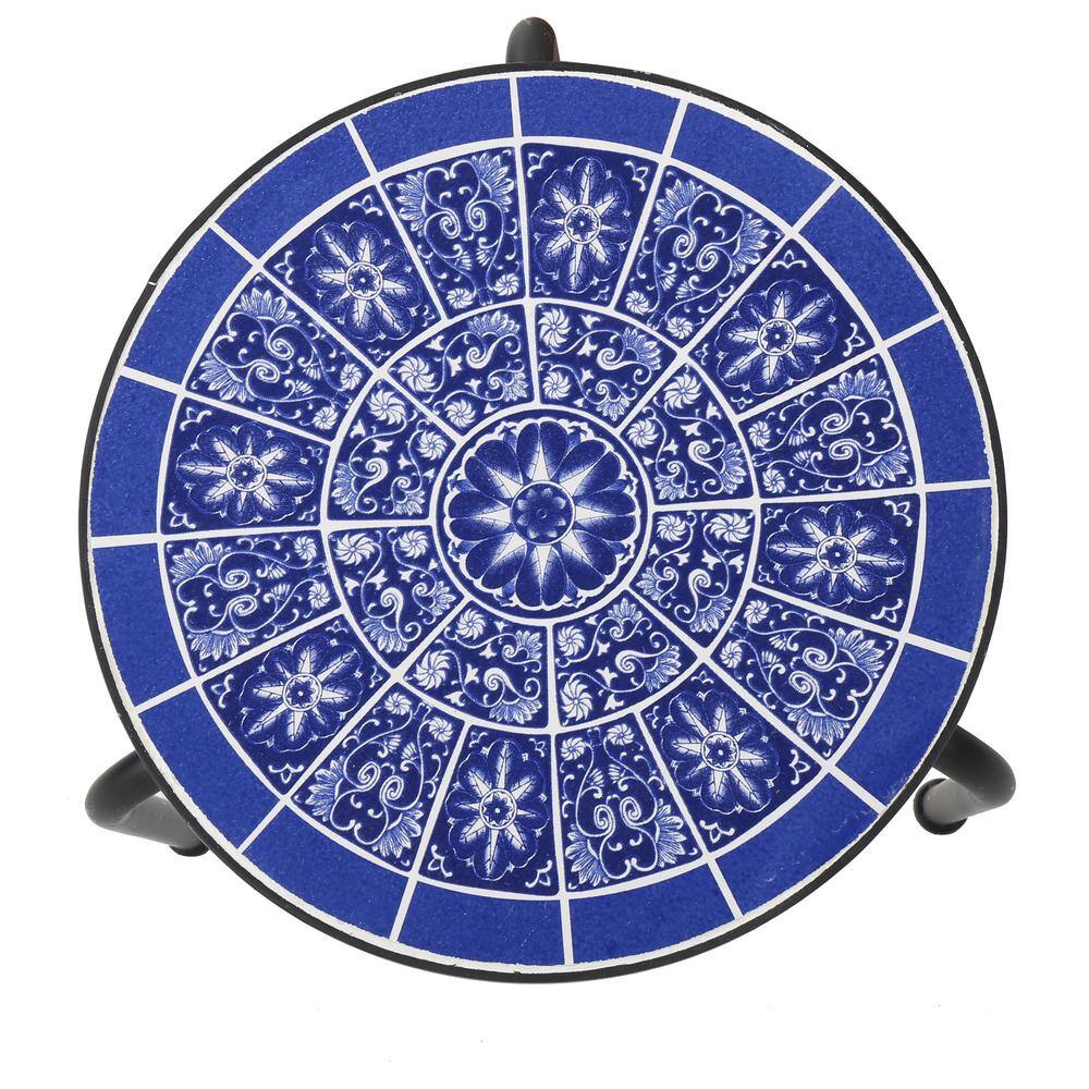 Blue and White Ceramic Tile Top Matte Black Iron Plant Stand