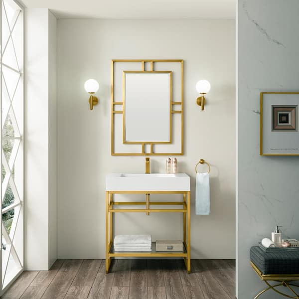 Home Decorators Collection Acken 31.5 in W x 19 in D x 35 in H Single Sink Freestanding Bath Vanity in Radiant Gold with White Engineered Stone Top