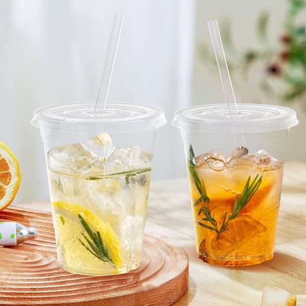 16 oz. Plastic Cups with Food Safe, Lids and Straws for Iced Coffee, Smoothies, and Cold Drinks, Clear (100-Pack)