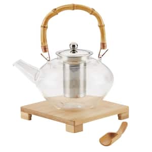 Tea Handblown Glass Zen Teapot with Stainless Steel Infuser and Bamboo Trivet, 34-Ounce