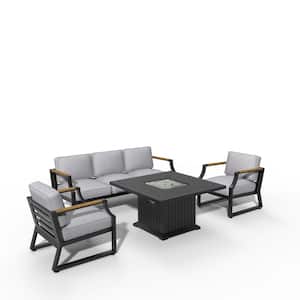 Quella Black 4-Piece Aluminum Patio Fire Pit Conversation Set with Gray Cushions
