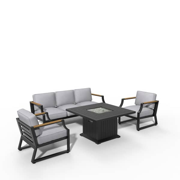 moda furnishings Quella Black 4-Piece Aluminum Patio Fire Pit Conversation Set with Gray Cushions