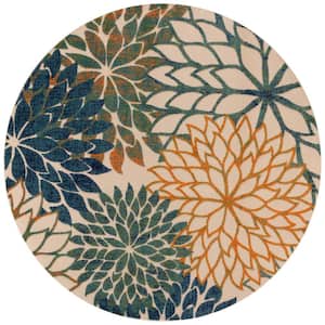 Aloha Blue Green 5 ft. x 5 ft. Floral Contemporary Round Indoor/Outdoor Area Rug