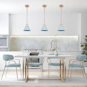 Modern Grey Blue Island Pendant Light with Linear Gold Downrod 1-Light Glam Hanging Ceiling Light for Dining/Living Room