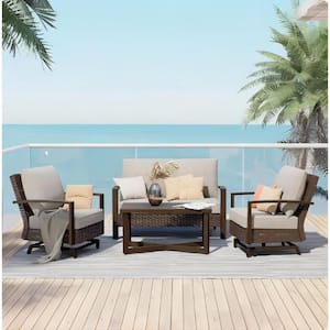 Dark Brown Painted 4-Piece Outdoor Aluminum Patio Conversation Set with Coffee Table and Removable Olefin Cushion