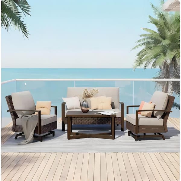 BANSA ROSE Dark Brown Painted 4-Piece Outdoor Aluminum Patio Conversation Set with Coffee Table and Removable Olefin Cushion