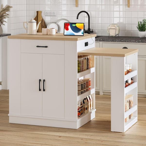 URTR White Light Wood 33-81 in. Kitchen Island with Extendable