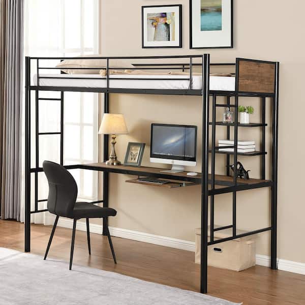 Bright Designs Black Twin Size Loft Bed, Twin Bunk Bed With Desk Under