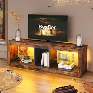 55 in. Rustic Brown TV Stand with LED Lights Entertainment Center with Glass Shelves
