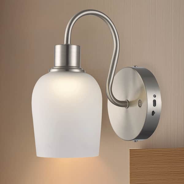 9.88 in. 1-Light Brushed Nickel LED Rechargeable Battery Operated Wall Sconce with Frosted Glass Shade, Remote Included