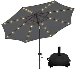 9 ft. Solar LED Lighted Market Patio Umbrella with Base and Push Button Tilt in Dark Grey