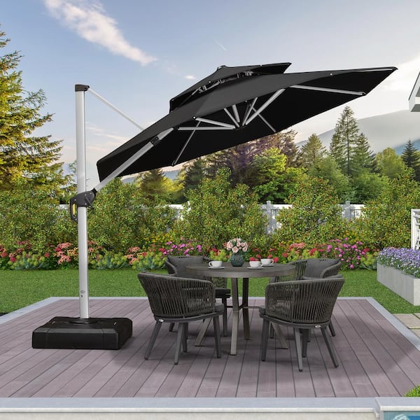PURPLE LEAF 10 ft. Octagon High-Quality Aluminum Cantilever Outdoor Patio Umbrella with Base, Black